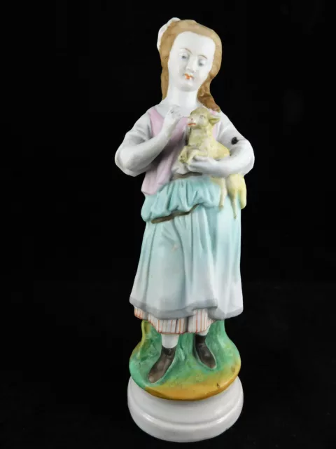 Statuette Biscuit Porcelaine Polychrome Jeune Fille A La Brebis Haut 20Cm B9