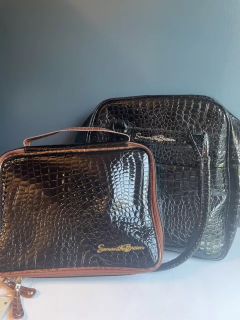 Samantha Brown Luggage Set Black Camel Carry On Bag Jewelry Makeup Bag Embossed