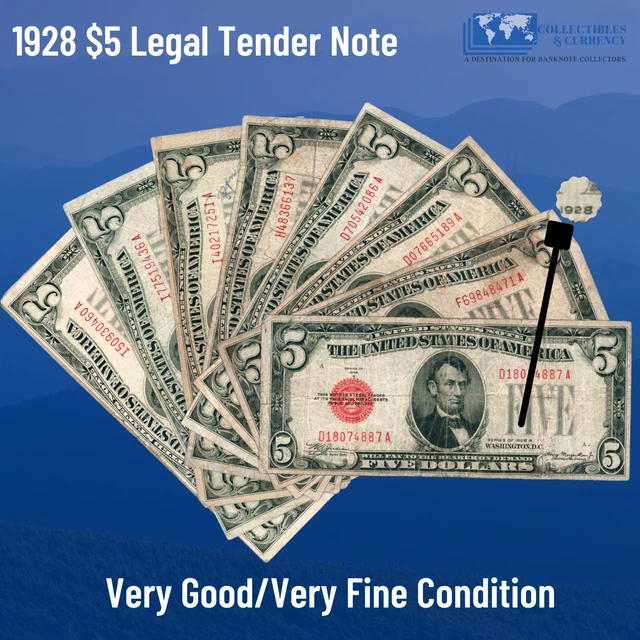 ✔ One 1928 Red Seal $5 Legal Tender Notes, VG/VF, Old US FIVE Dollars Bill