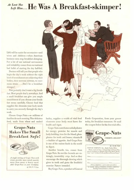 1930 Grape Nuts Cereal He Was A Breakfast Skimper! Office Boss Color Print Ad