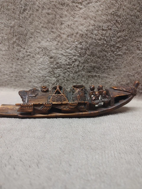 ( Look ) Vintage Chinese Hand Carved Wood Bamboo River Boat Figurine Antique