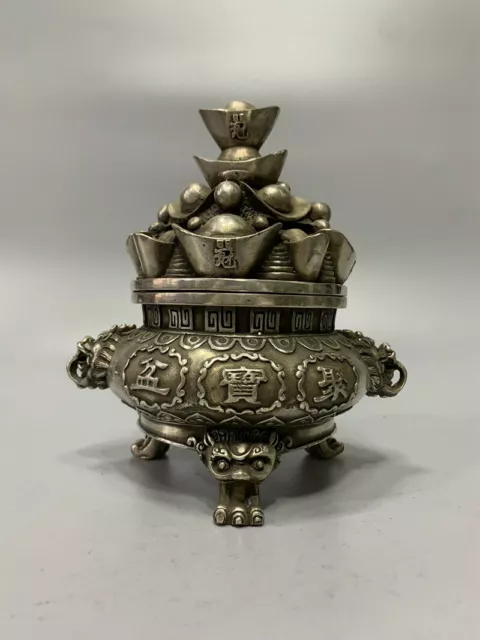 Exquisite Old Chinese tibet silver handcarved Ingots wealth Incense Burner 6105