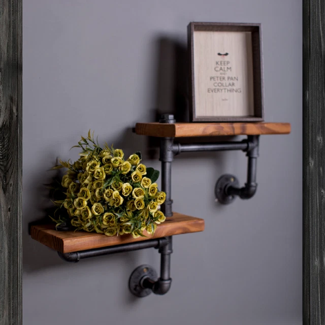 2 TIER DIY Industrial Pipe Wall Floating Shelf Wooden Storage Rack