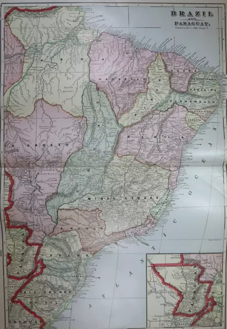 Old (Lg14x22) 1904 Cram's Atlas Map ~ BRAZIL - PARAGUAY ~ Free S&H ~Inv#301