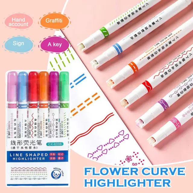 6Pcs Set Quick-drying Colorful Curve Highlighters Cute Hand  Creative Marker Pen