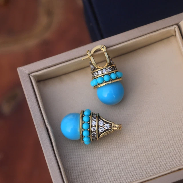 Boucles D'oreilles Dormeuse Or Antique Serti CZ Et Perle Turquoise - Neuf Sans Emballage