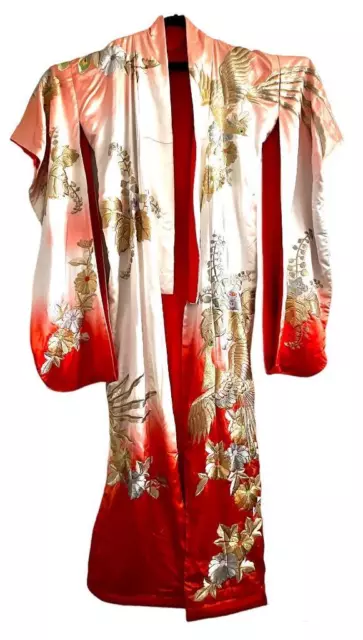 VTG UCHIKAKE SUSOHIKI HIKISURI Wedding KIMONO ~ JAPAN ~ IVORY SILK W RED PHOENIX