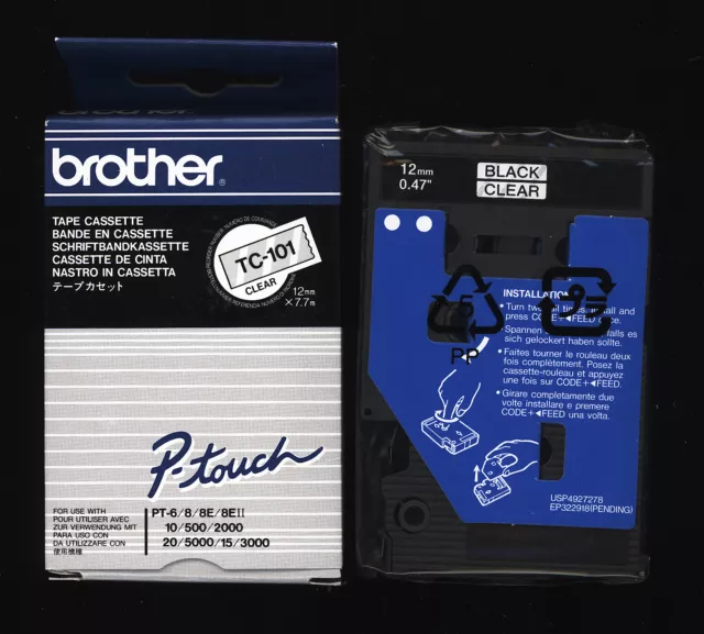 1x BROTHER TC-101 P-touch 12mm Farbband BLACK / CLEAR PT-6, 8E, 10, 500, 2000