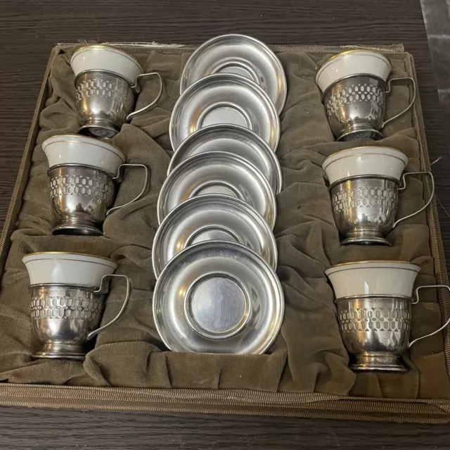 Set of Six Sterling Silver Demitasse Tea Espresso Silver Cups Lenox China In Box