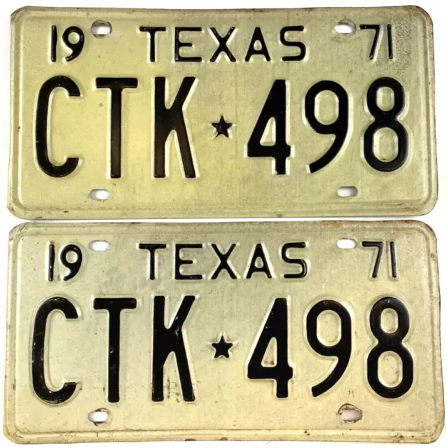 Vintage Texas 1971 Pair Auto License Plate Set Garage Man Cave Decor Collector