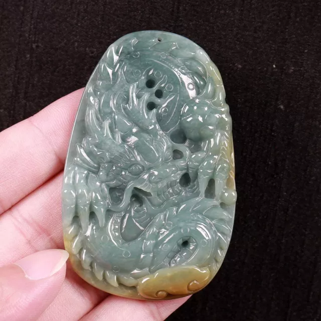 Certified Grade “A” Natural Grey Yellow Green Jadeite Jade Pendant Dragon 0344