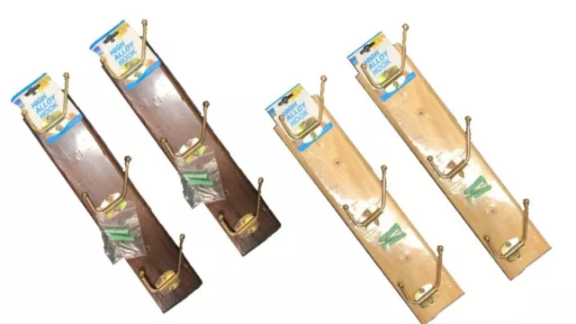 2 x STRONG 3HOOKS WOODEN WALL COAT HANGER Hangers Clothes Pine Wood Rack Pegs UK