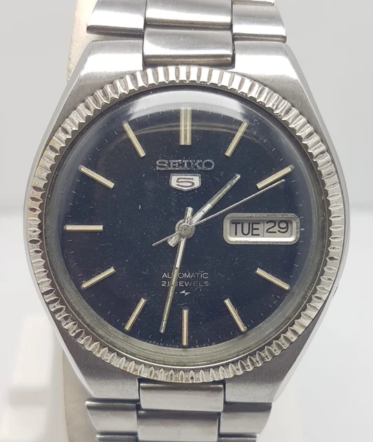 SEIKO 5 AUTOMATIC 7019A Black Dial Fluted Bezel Day/Date Vintage Men’s