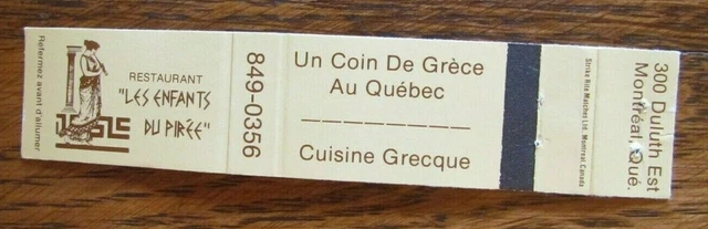 Greek Restaurant Matchbook Matchcover: Enfants Du Pirée (Montreal, Quebec) -E8