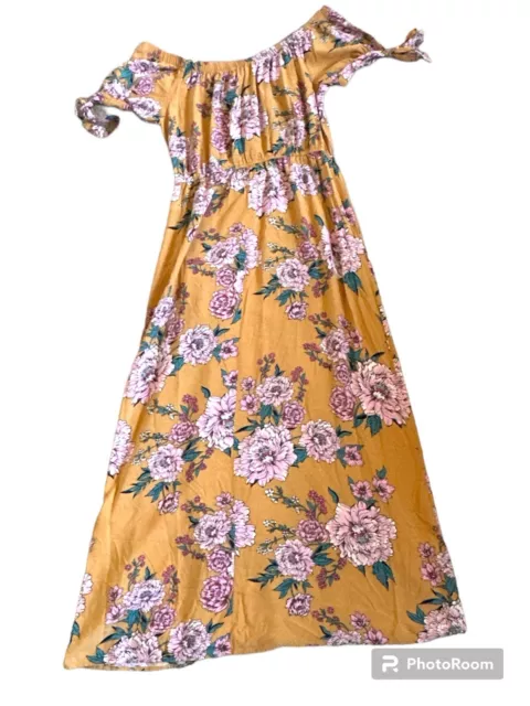 Band of Gypsies Off Shoulder Maxi Dress with Tie Sleeves in Yellow Floral Print 2