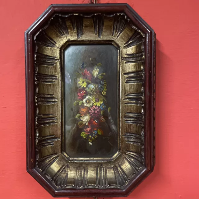 quadro piccolo dipinto olio su tavola natura morta fiori con cornice vintage 900