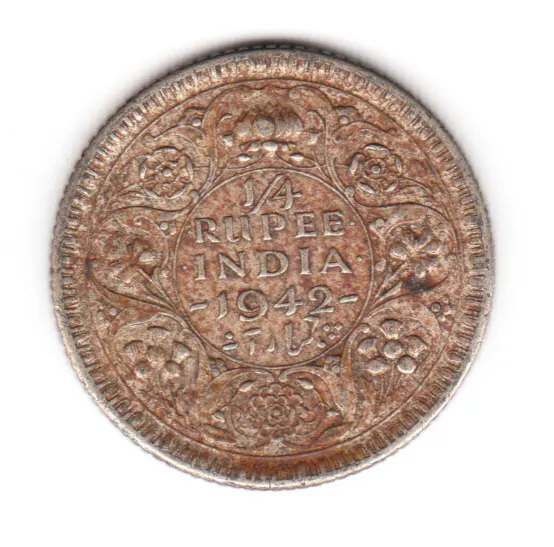 1942  BRITISH INDIA King George VI  1/4 Silver Rupee.
