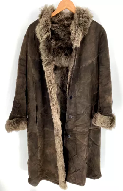 VTG Genuine Plush Sheepskin Shearling Suede Brown Long Coat Made in Canada Sz 10