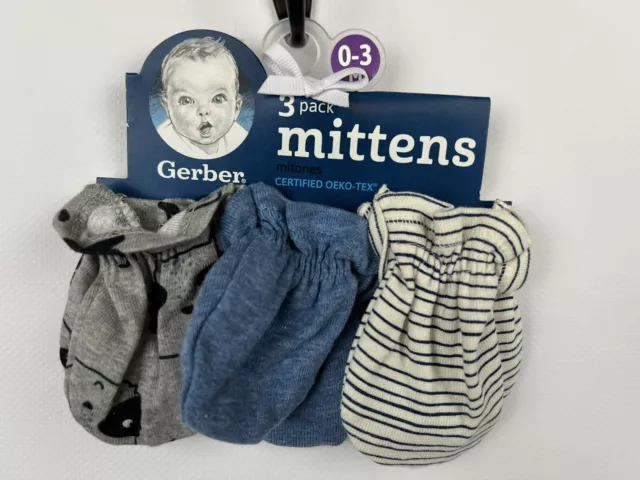 New Gerber 3 Pack Baby Boy No Scratch Mittens Gloves 0-3 Months Raccoon Blue