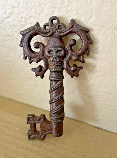 Midieval Skeleton Pirate Key with Skull in Cast Iron 4.25" Tall Antique Finish