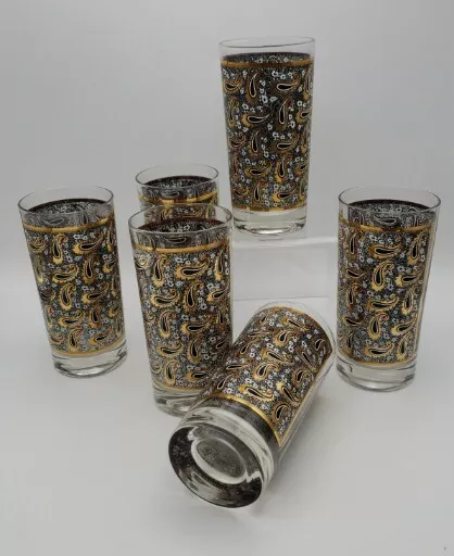 6 MCM Black & White Ditsy Floral Print Gold Paisley Highball Glasses Vtg Barware