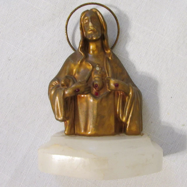 VINTAGE GOLD PLASTER Sacred Heart Bust of Jesus White Onyx Base w/ Halo