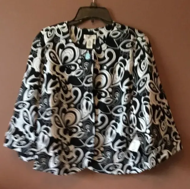 $128 MRSP Laura Ashley Woman Plus Lined Jacket Blazer White Black Abstract Sz 2X