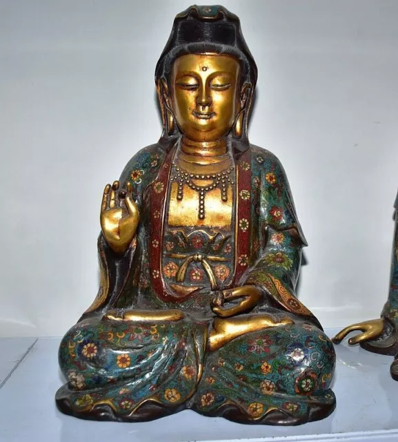 20.4 " Old Chinese Enamel cloisonne Bronze Gilt Seat Kwan-yin Goddess Statue