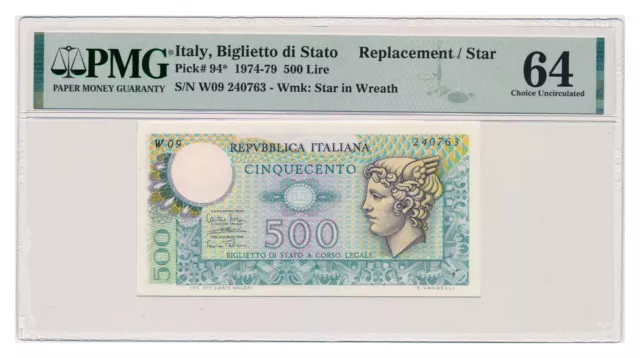 ITALY banknote 500 Lire 1974 Replacement serial W PMG grade MS 64 Choice Unc