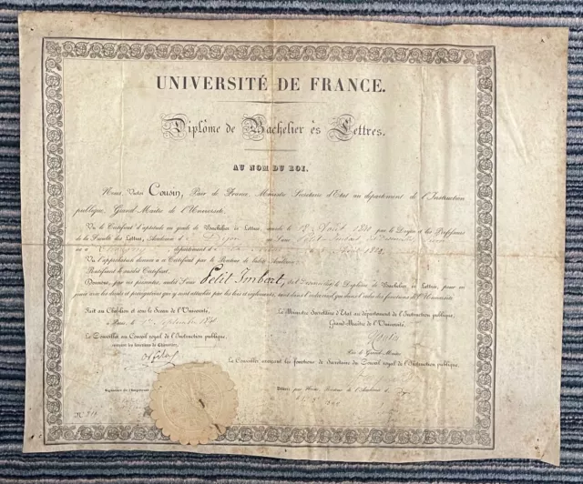 Diplôme bachelier es lettres 1840 au nom du roi