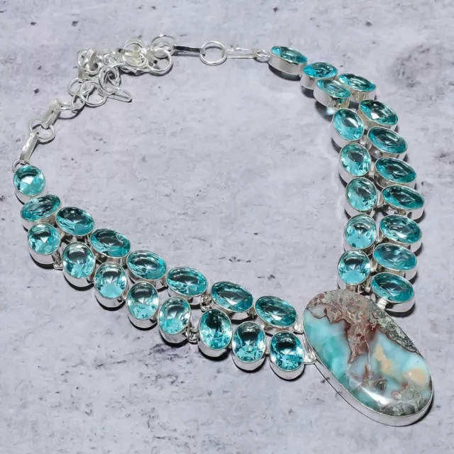 Caribbean Larimar, Blue Topaz 925 Sterling Silver Gift Jewelry Necklace 18" v186