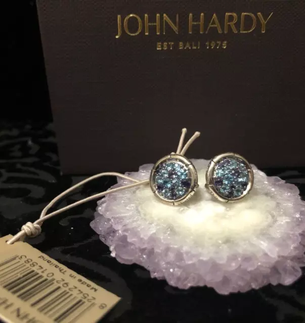 💕JOHN HARDY Sterling Bamboo Lava Round Stud Earrings Blue Topaz & Iolite NWT
