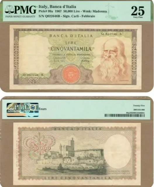 Italy 50.000 Lire 1967 P.99a PMG 25 Very Fine "Tears" - Leonardo da Vinci