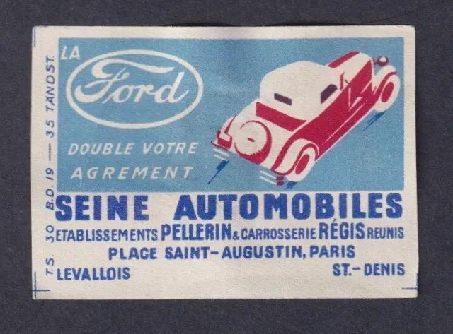 Ancienne étiquette Allumettes France BN142418 Voiture Ford Levallois  Années 30