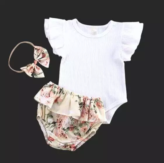 Baby ruffle sleeve floral bodysuit + frill bloomers / nappy cover + headband 2