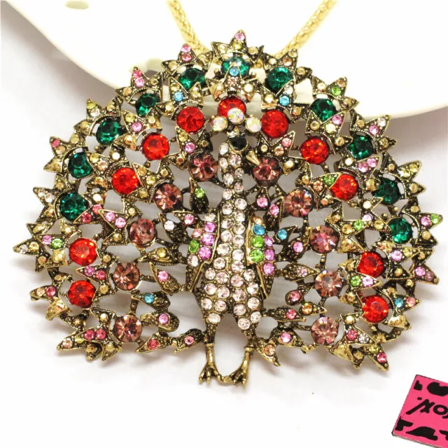 New Betsey Johnson Colorful Crystal Bling Peacock Animal Pendant Chain Necklace
