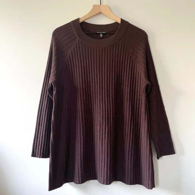 Eileen Fisher 100% Merino Wool Brown Ribbed Pullover Sweater Tunic - Medium