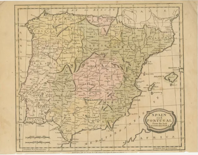 Landkarte Spanien Und Portugal Handkolorierte Kupferstich-Landkarte 1805