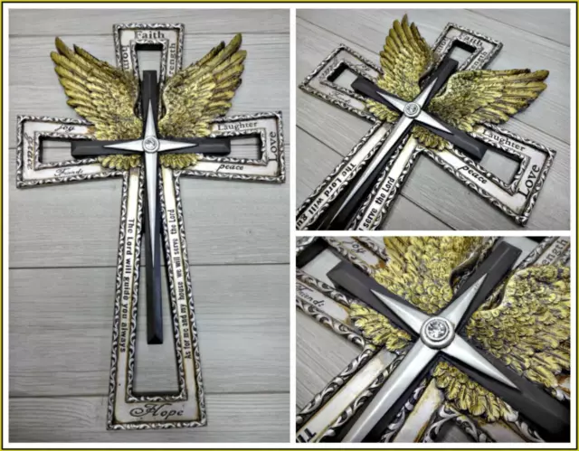 Decor Antiqued Rustic Old World Engraved Spiritual Wall Cross Angel Wings Large