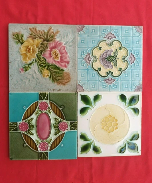 4 Piece Old Art Deco Floral Design Majolica Ceramic Tiles Japan & England 0046