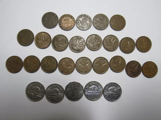 Lot of 27 Different Old Canada Coins - 1920 to 1953 - Circulated