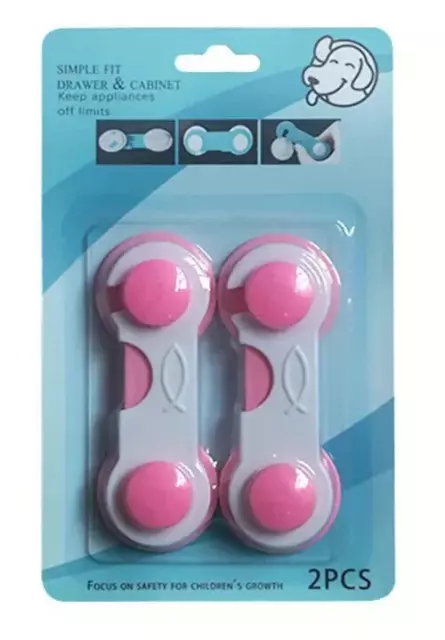 2x Child Kid Lock Fridge, Drawer, Cabinet Catch Baby Safety Lock Door Safe, Pink