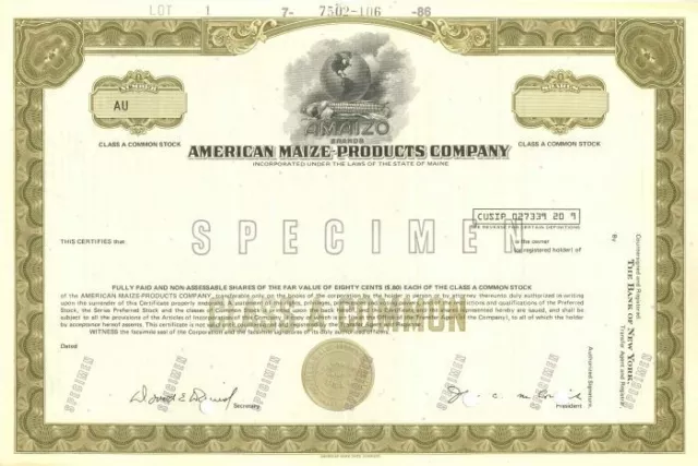 American Maize-Products Co. - Stock Certificate - Specimen Stocks & Bonds