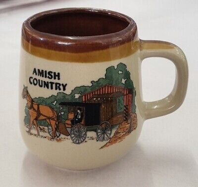 Amish Country Coffee Mug Cup Horse & Buggy Beige & Brown Travel Souvenir