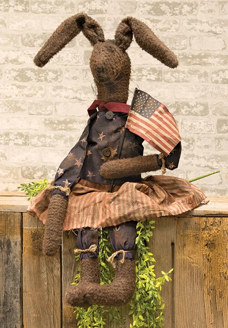 New Primitive Americana Patriotic AGED BROWN BUNNY DOLL Rabbit Easter Figure