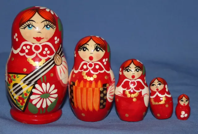 Vintage Russian Hand Painted Wood Matryoshka Nesting Doll - 5Pcs