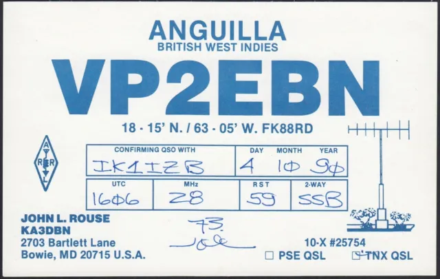 RD0208 British West Indies - Anguilla - John L. Rouse - VP2EBN - QSL Radio Carte