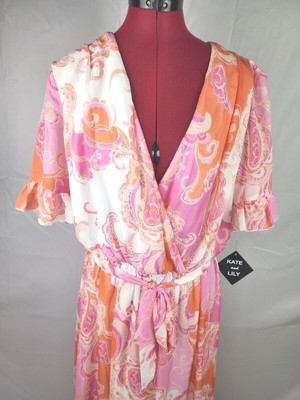 Kate and Lily Pink & Orange Paisley Short Sleeve Long Dress w Liner & Belt - 14W
