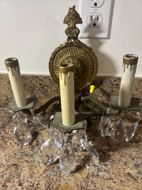 Vintage SPAIN Crystal  Wall Sconce 3 Light Lamp RARE. Missing Crystals To Be Fix