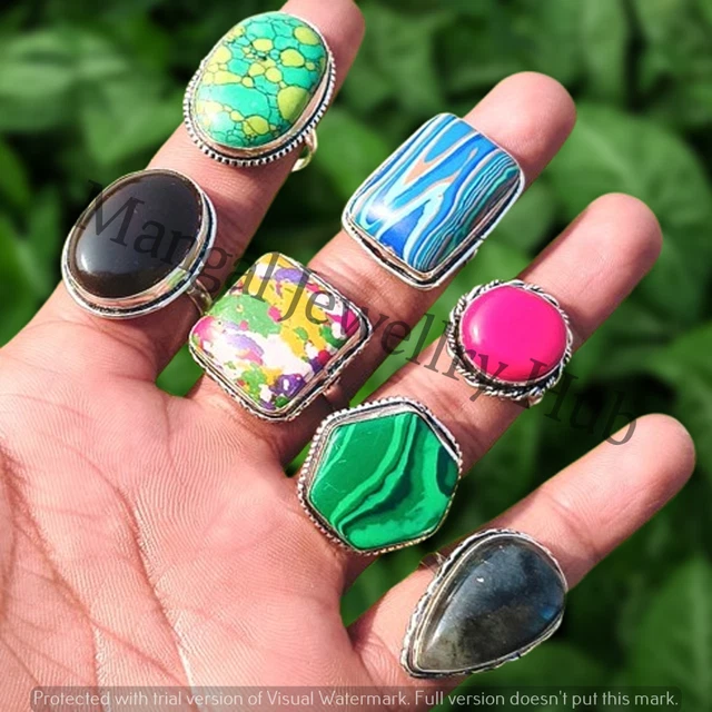 Lot De Bagues En Malachite Et Pierres Mélangées - Fabriqué Main, Plaqué Argent, Tailles 6 à 10, Style Bohème